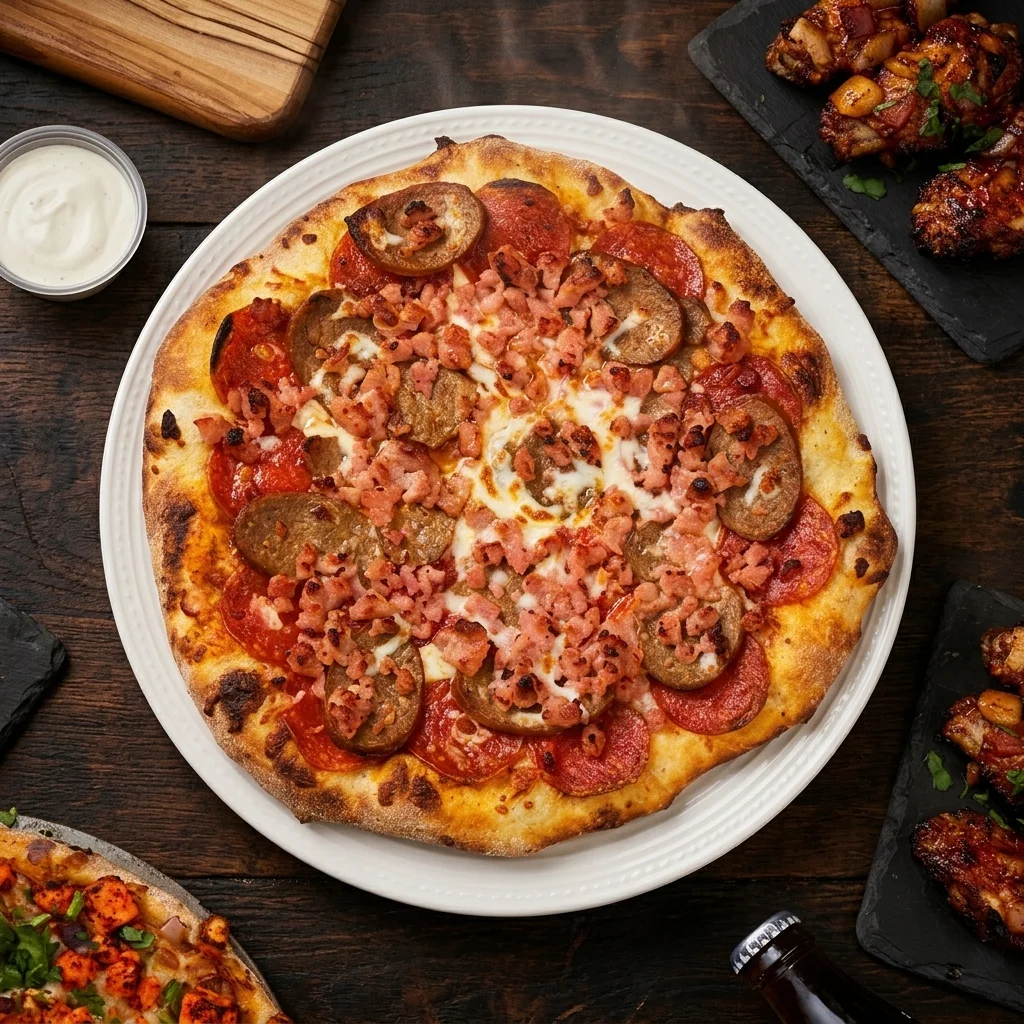 Meat Lovers pizza and Soya Chaap specialty pizza at Pizza Fiamma Garden City Winnipeg