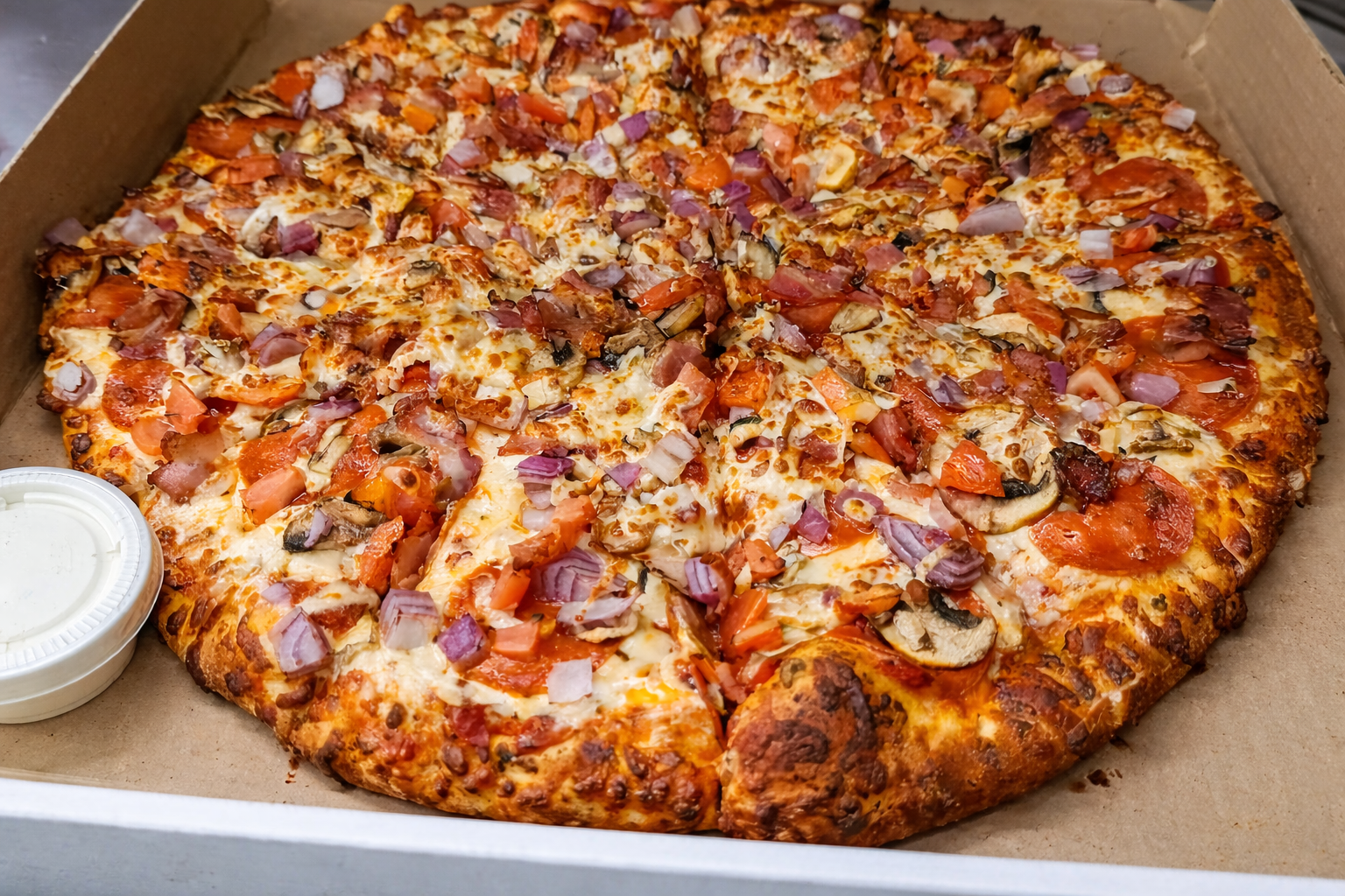 Canadian Pizza at Pizza Fiamma in Winnipeg - Classic pepperoni, mushroom, and bacon on fresh daily-made dough