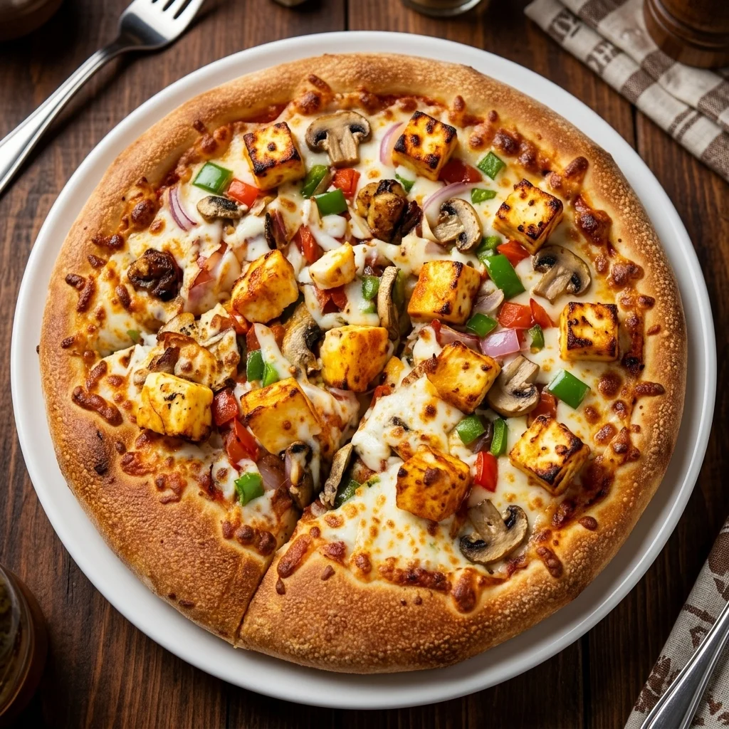Shahi Paneer Pizza at Pizza Fiamma in Winnipeg - Creamy luxurious Shahi paneer sauce with tender paneer pieces on fresh daily-made dough